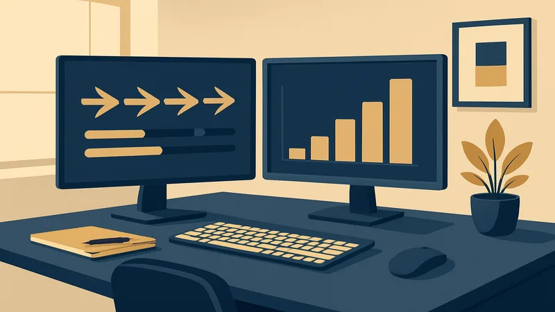 Postazione di lavoro con doppio monitor in fase di migrazione gestionale - CEO AI