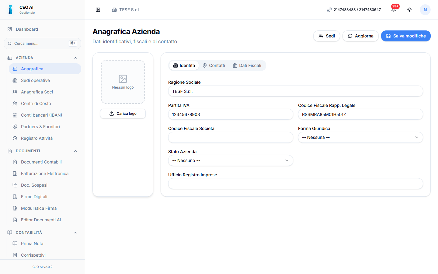 Schermata reale modulo Anagrafiche & Aziende di CEO AI in light mode