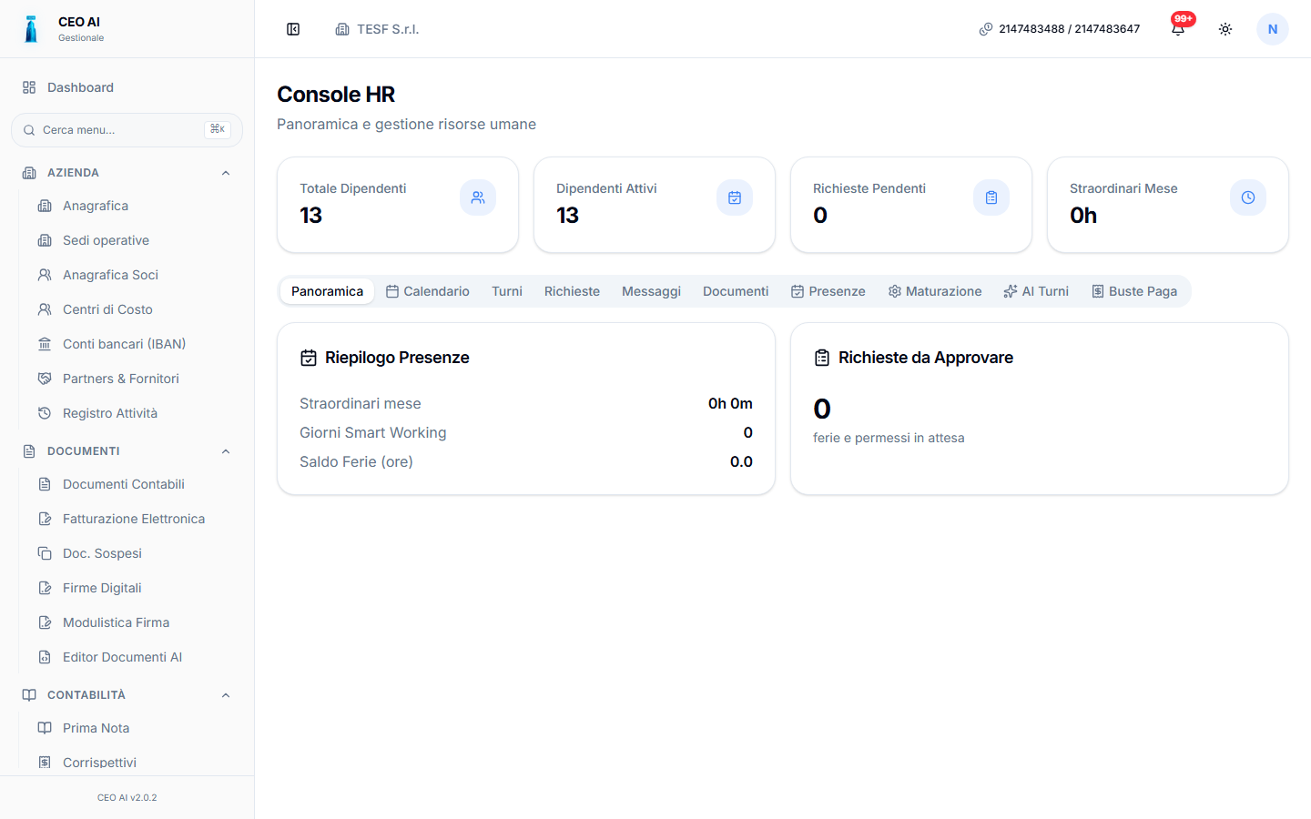 Schermata reale modulo HR & Payroll di CEO AI in light mode