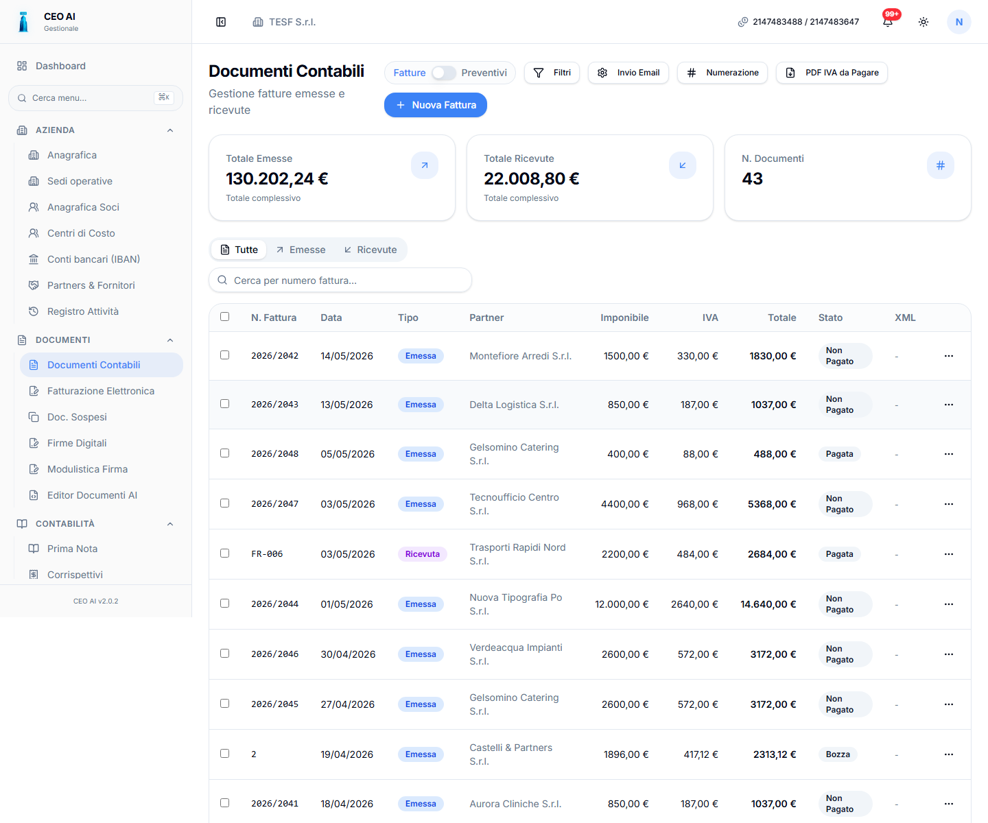 Schermata reale modulo Banca & Pagamenti di CEO AI in light mode