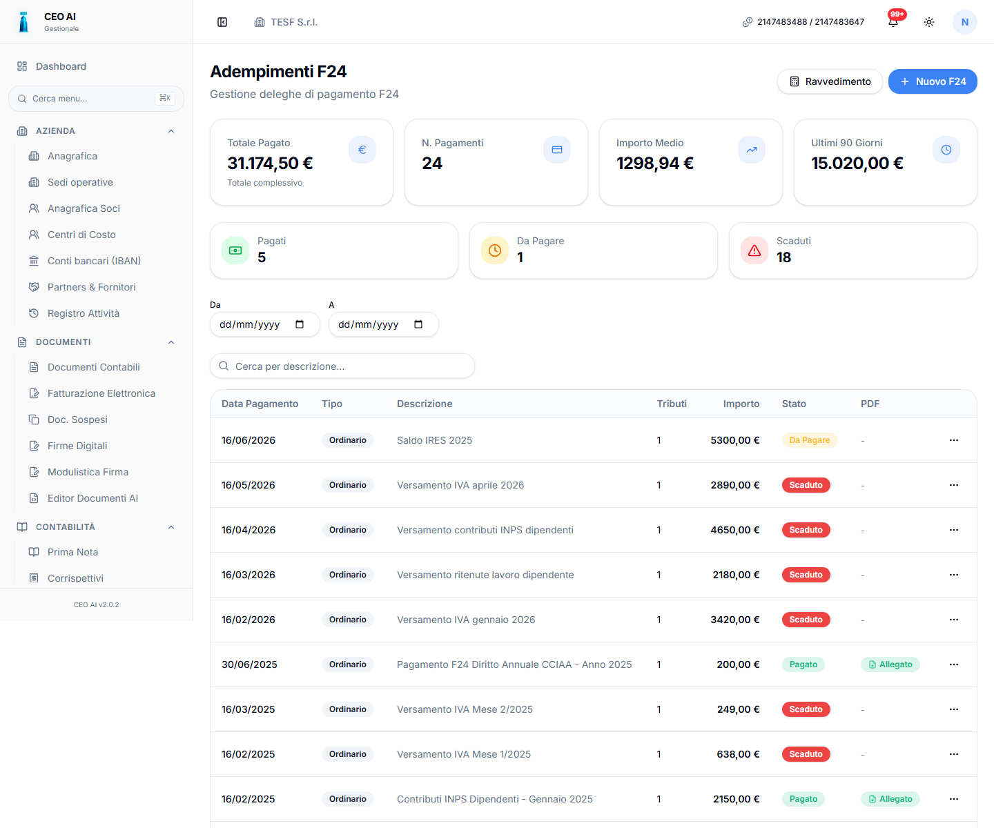 Schermata reale modulo Fiscale base (IVA + F24) di CEO AI in light mode