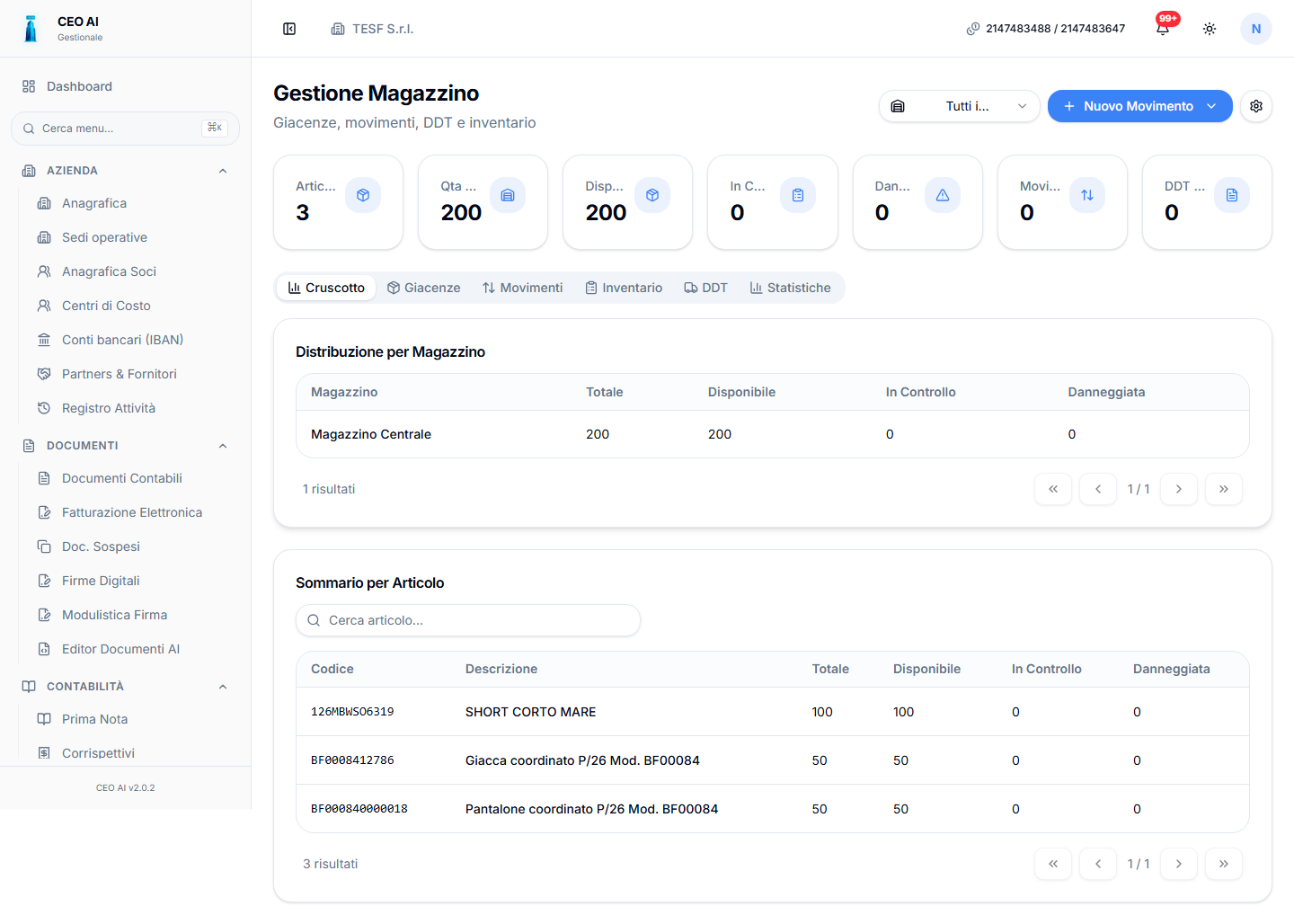Schermata reale modulo Daily Receipts (retail) di CEO AI in light mode