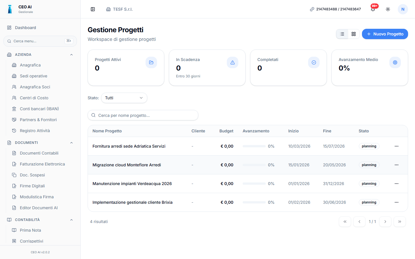 Schermata reale modulo Marketing Agency (White Label) di CEO AI in light mode
