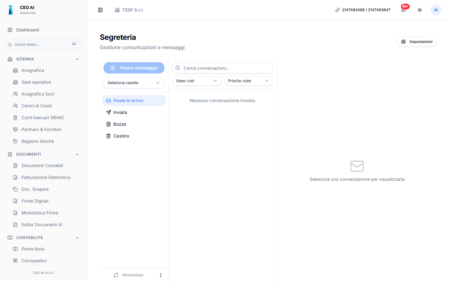 Schermata reale modulo Segreteria Virtuale di CEO AI in light mode